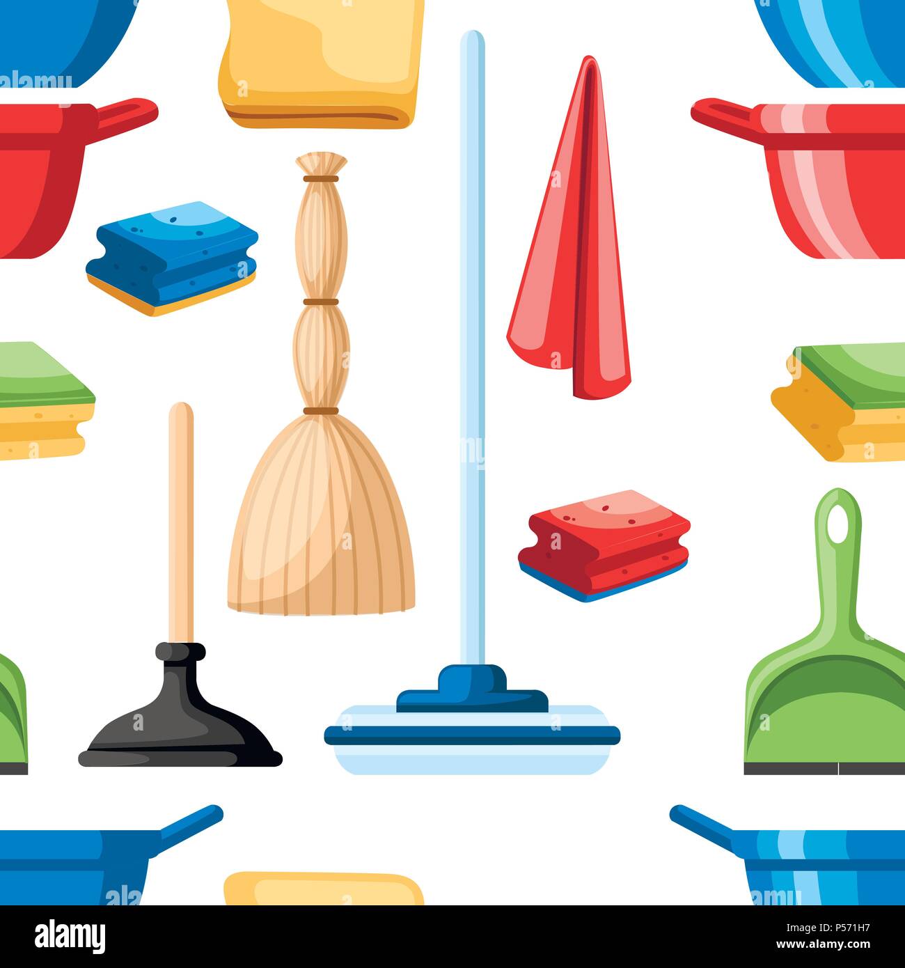 Seamless pattern. Cleaning set objects. Plastic dustpan and bowl. Mop, plunger and rags. Flat design style. Vector illustration on white background. Stock Vector