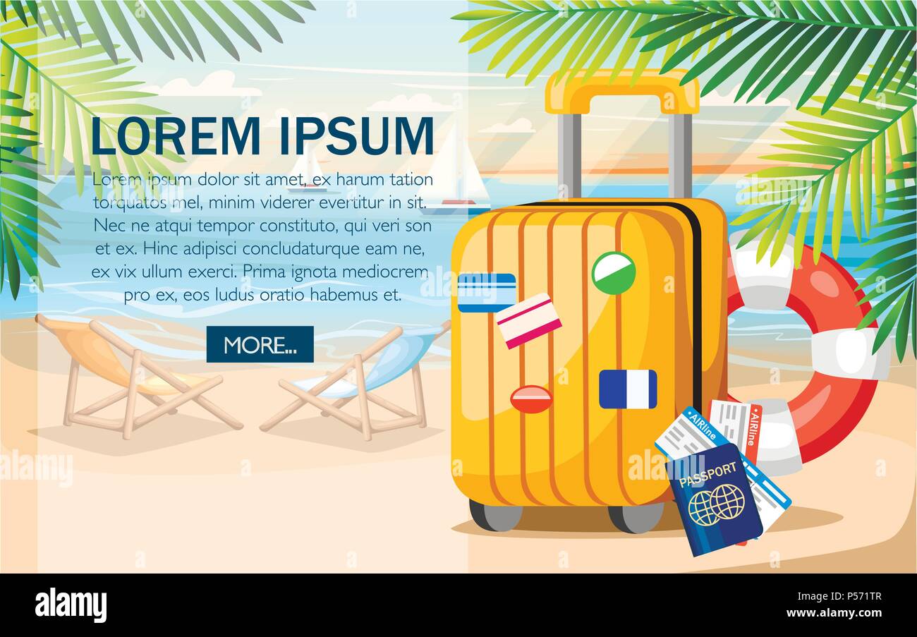 Summer vacation concept. Yellow luggage, passport, ticket on summer beach. Flat style design. Vector illustration on beach background with green palm  Stock Vector