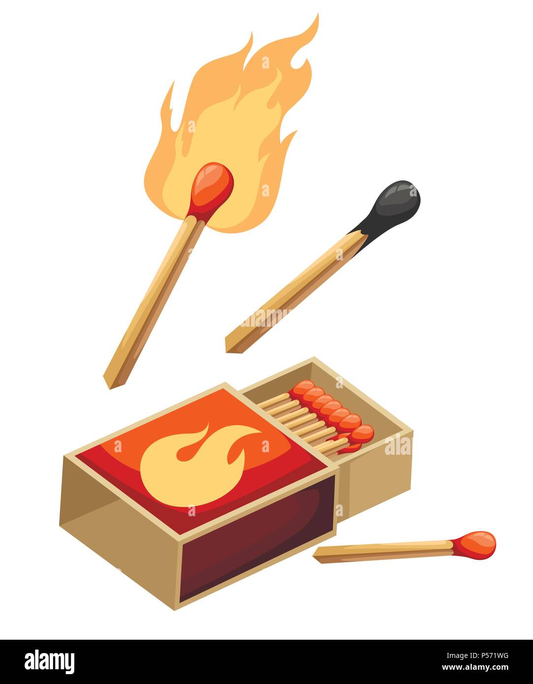 Collection of matches. Burning match with fire, opened matchbox, burnt matchstick. Flat design style. Vector illustration isolated on white background Stock Vector