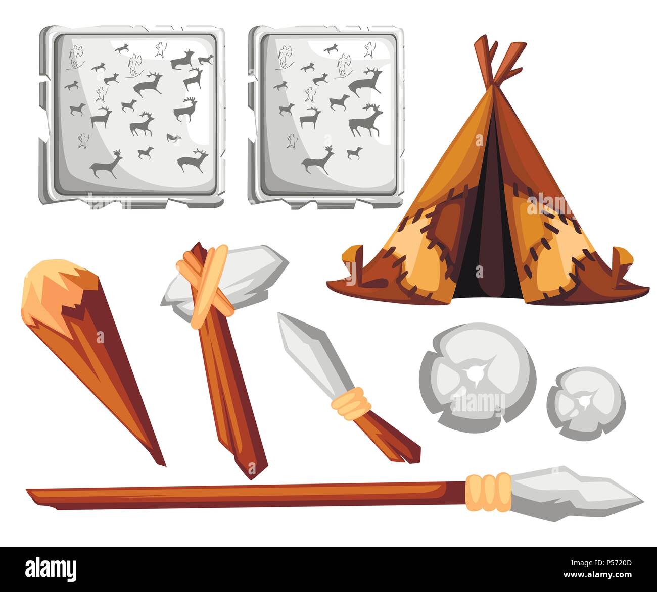 Ancient man hut. Prehistoric house from skins leather. Stone age tools and rock painting. Flat style design. Vector illustration isolated on white bac Stock Vector