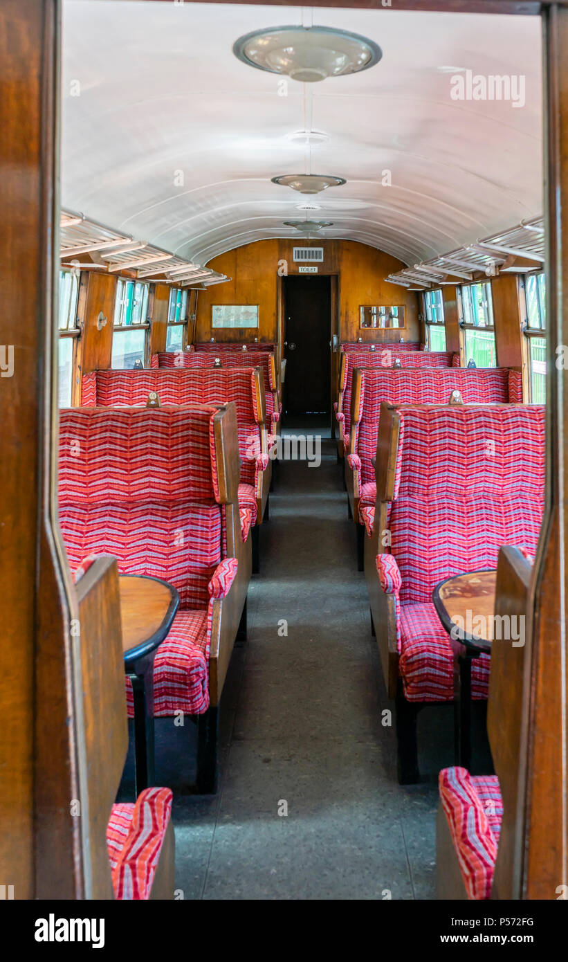 Inside a train carriage of the Watercress Line - a heritage railway operated by Mid Hants Railway in Hampshire, England, UK Stock Photo
