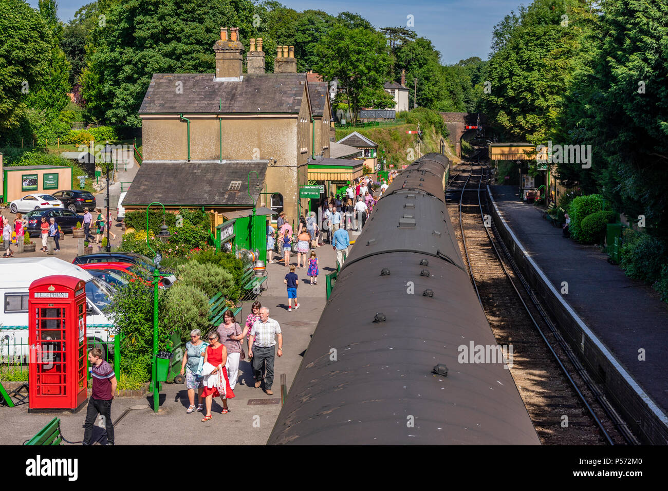 People enjoying a day out at Alresford Station along the Watercress Line Heritage Railway in Hampshire summer 2018, England, UK Stock Photo