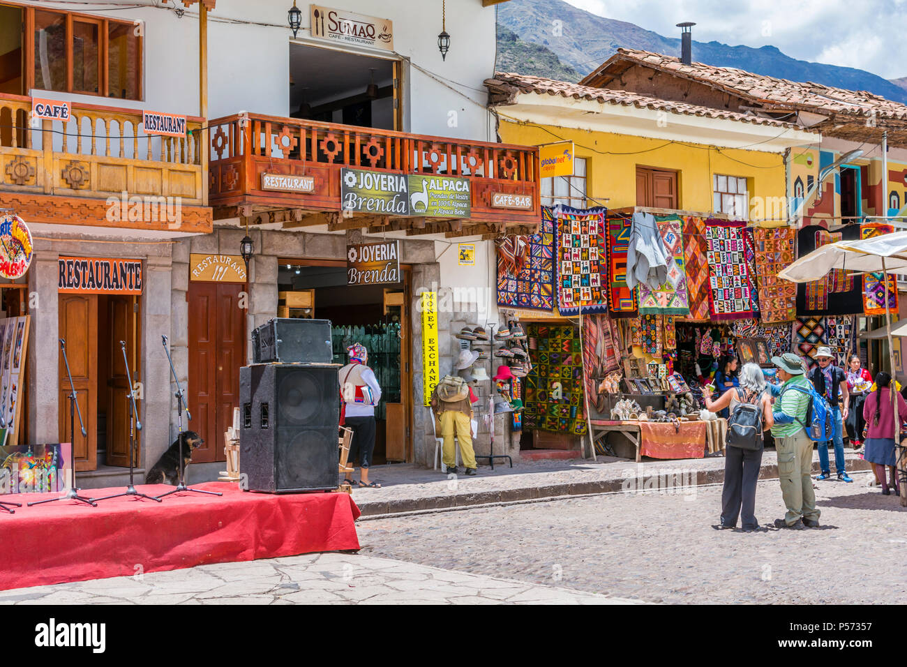 Pisac Peru, tourists and locals shopping in the market Plaza. Stock Photo