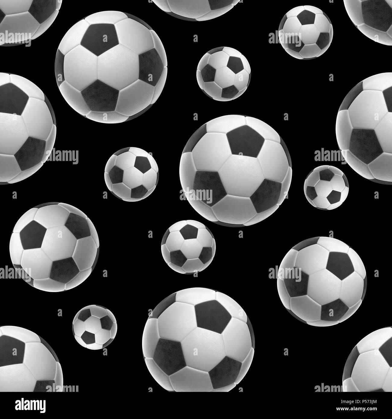 Soccer-balls isolated on black background seamless pattern 3d illustration Stock Photo
