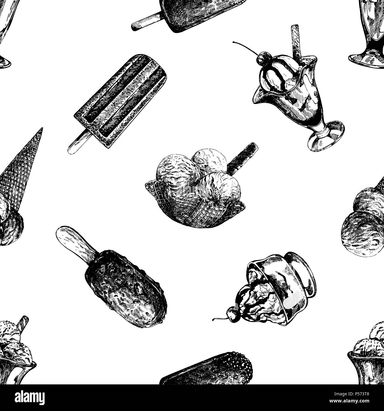 Seamless pattern of hand drawn sketch style ice cream isolated on white ...