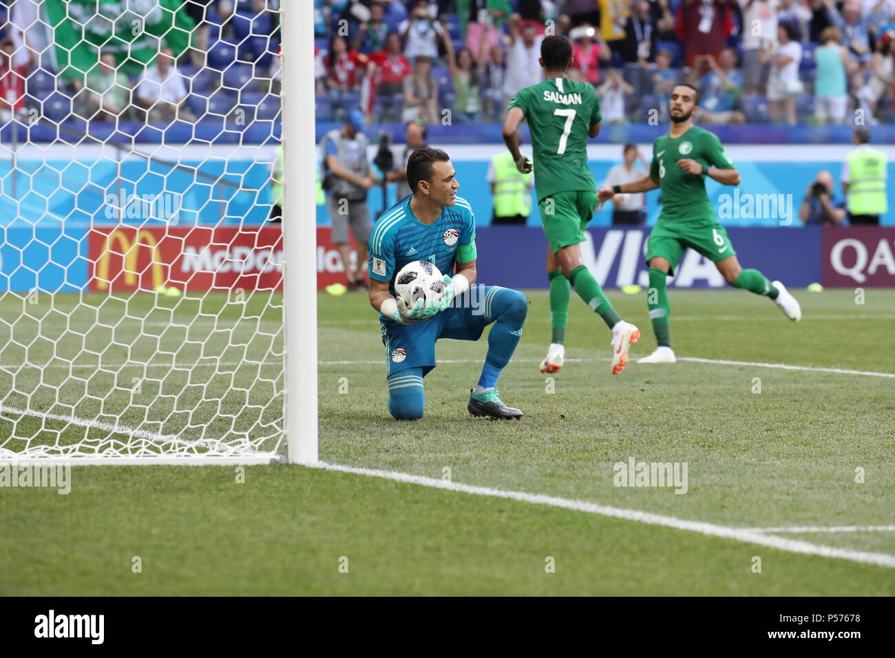 Volgograd, Russia. 25th June, 2018. Egypt goalkeeper Essam El-Hadary reacts after conceding a goal from a penalty kick during the FIFA World Cup 2018 Group A soccer match between Saudi Arabia and Egypt at the Volgograd Arena in Volgograd, Russia, 25 June 2018. Credit: Ahmed Ramadan/dpa/Alamy Live News Stock Photo