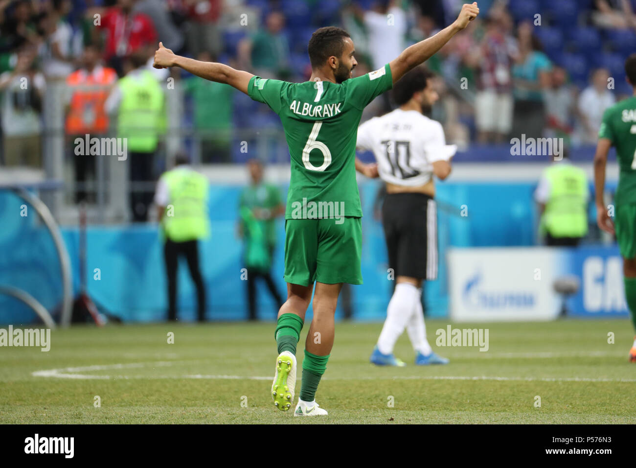 Volgograd, Russia. 25th June, 2018. Saudi Arabia's Mohammed Al-Breik celebrates victory after the end of the FIFA World Cup 2018 Group A soccer match between Saudi Arabia and Egypt at the Volgograd Arena in Volgograd, Russia, 25 June 2018. Credit: Ahmed Ramadan/dpa/Alamy Live News Stock Photo