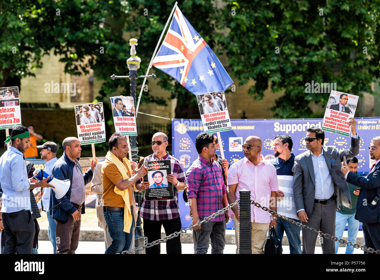 London, United Kingdom - June 25, 2018: People, flags at Bangladesh and anti Brexit protest in UK England by Westminster, signs for releasing Begum Khaleda Zia, Terique Rahman Credit: Kristina Blokhin/Alamy Live News Stock Photo