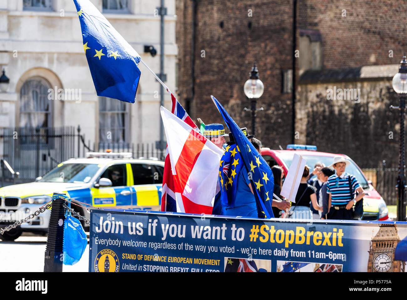London, United Kingdom - June 25, 2018: People, EU European Union blue flags at anti Brexit protest in UK England by Westminster with signs for stop, stopbrexit politics Credit: Kristina Blokhin/Alamy Live News Stock Photo