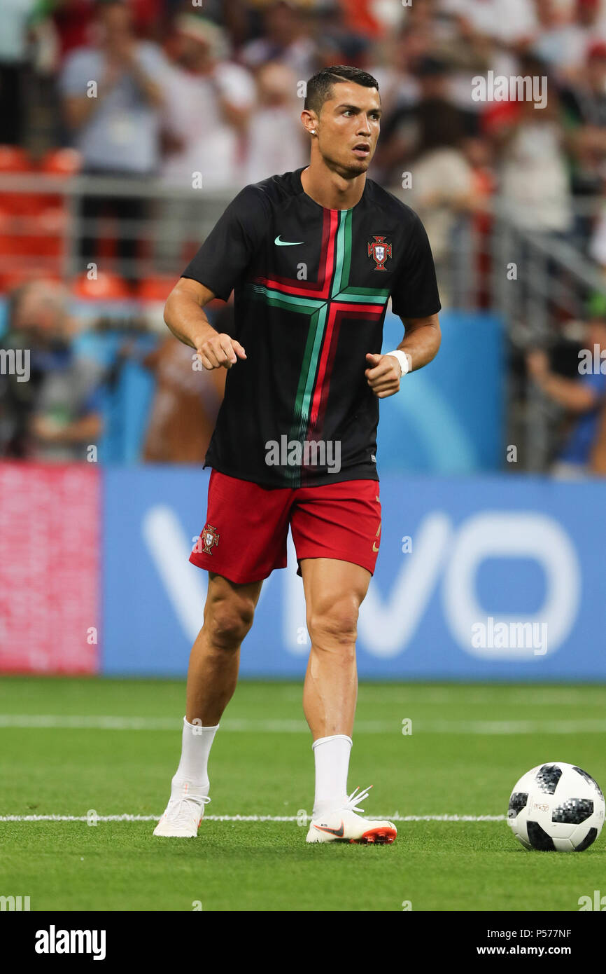 Saransk, Russia. 25th June, 2018. Portugal's Cristiano Ronaldo warms up  prior to the start of the FIFA World Cup 2018 Group B soccer match between  Iran and Portugal, at the Mordovia Arena