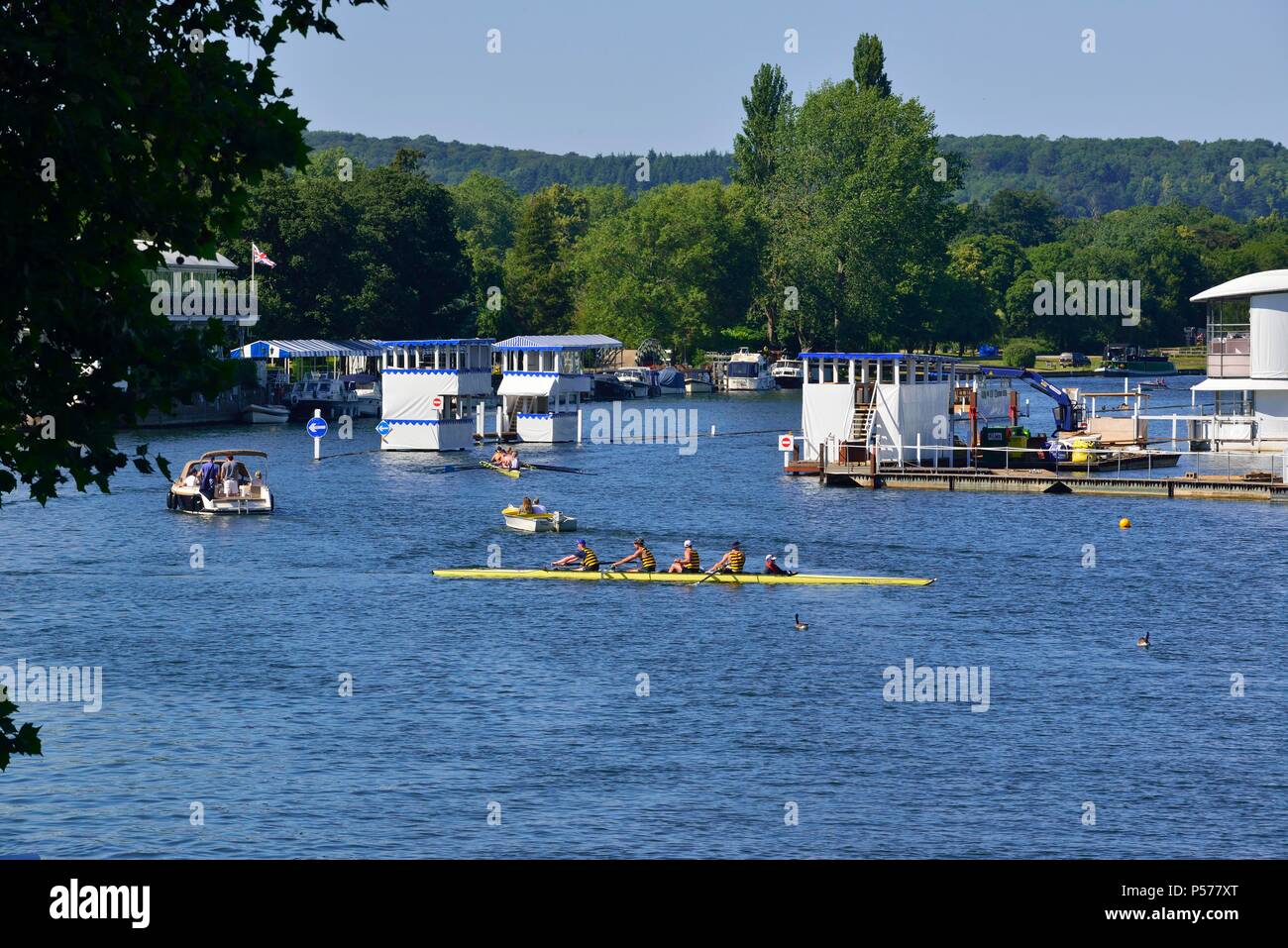 Crews  practicing for the forthcoming Henley Royal Regatta starting 4th — 8th July, for  the third most important event in the English social sporting calendar. Stock Photo