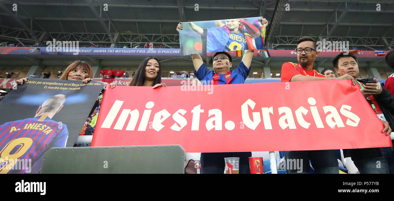 Kaliningrad, Russia. 25th June, 2018. Fans of Spain's Andres Iniesta cheer prior to the 2018 FIFA World Cup Group B match between Spain and Morocco in Kaliningrad, Russia, June 25, 2018. Credit: Li Ming/Xinhua/Alamy Live News Stock Photo