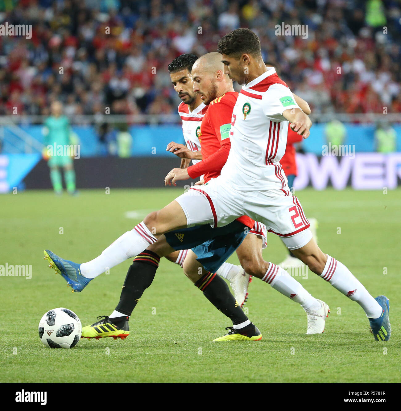 Kaliningrad, Russia. 25th June, 2018. David Silva (C) of Spain competes during the 2018 FIFA World Cup Group B match between Spain and Morocco in Kaliningrad, Russia, June 25, 2018. Credit: Li Ming/Xinhua/Alamy Live News Stock Photo
