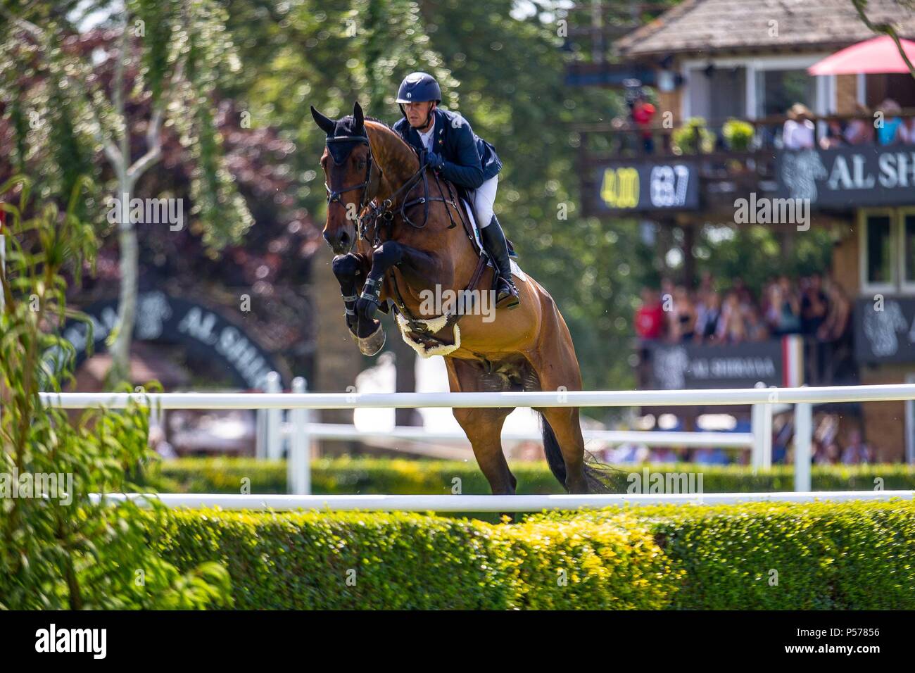 West Sussex, UK. 24th Jun, 2018. Anthony Condon riding Cavaklier Rustica. IRL.The Al Shira'aa Derby. The Al Shira'aa Hickstead Derby Meeting. Showjumping. The All England Jumping Course. Hickstead. West Sussex. UK. Day 5. 24/06/2018. Credit: Sport In Pictures/Alamy Live News Stock Photo