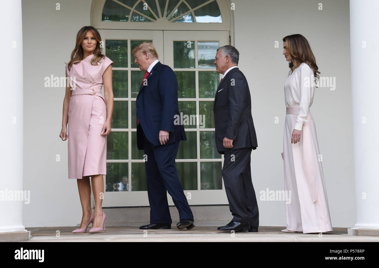 U.S. President Donald Trump and first lady Melania Trump pose with King  Abdullah II and Queen Rania of Jordan on the colonnade of the White House  on June 25, 2018. Credit: Olivier