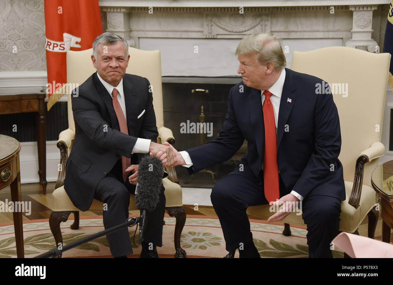 Washington United States Of America 25th June 18 U S President Donald Trump Shakes Hands With King Abdullah Ii Of Jordan In The Oval Office Of The White House On June 25 18