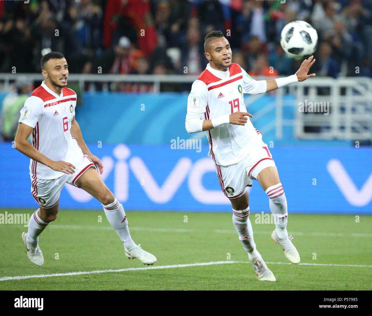 Kaliningrad, Russia. 25th June, 2018. Youssef En Nesyri (R) of Morocco celebrates scoring during the 2018 FIFA World Cup Group B match between Spain and Morocco in Kaliningrad, Russia, June 25, 2018. Credit: Li Ming/Xinhua/Alamy Live News Stock Photo