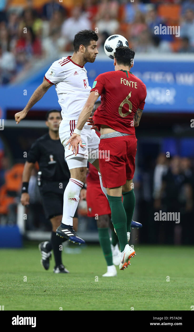 Mordovia Arena, Saransk, Russia,June 25, 2018. JOSE  FONT of the Portugal Team dashes against his Iranian opponent. gestures, Portugal survives late surge to advance with 1-1 draw with Iran.  SeshadriSUKUMAR Credit: Seshadri SUKUMAR/Alamy Live News Stock Photo