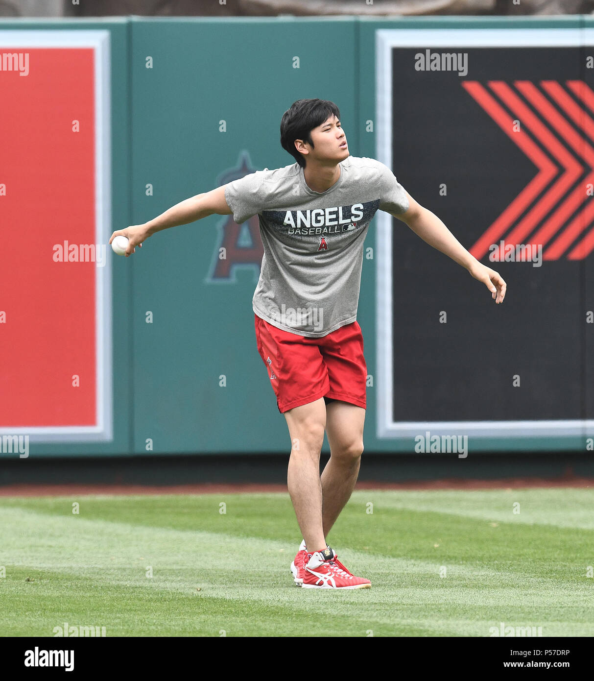 Shohei Ohtani of the Los Angeles Angels trains before the Major League  Baseball game against the Toronto Blue Jays at Angel Stadium in Anaheim,  California, United States, June 23, 2018. Credit: AFLO/Alamy