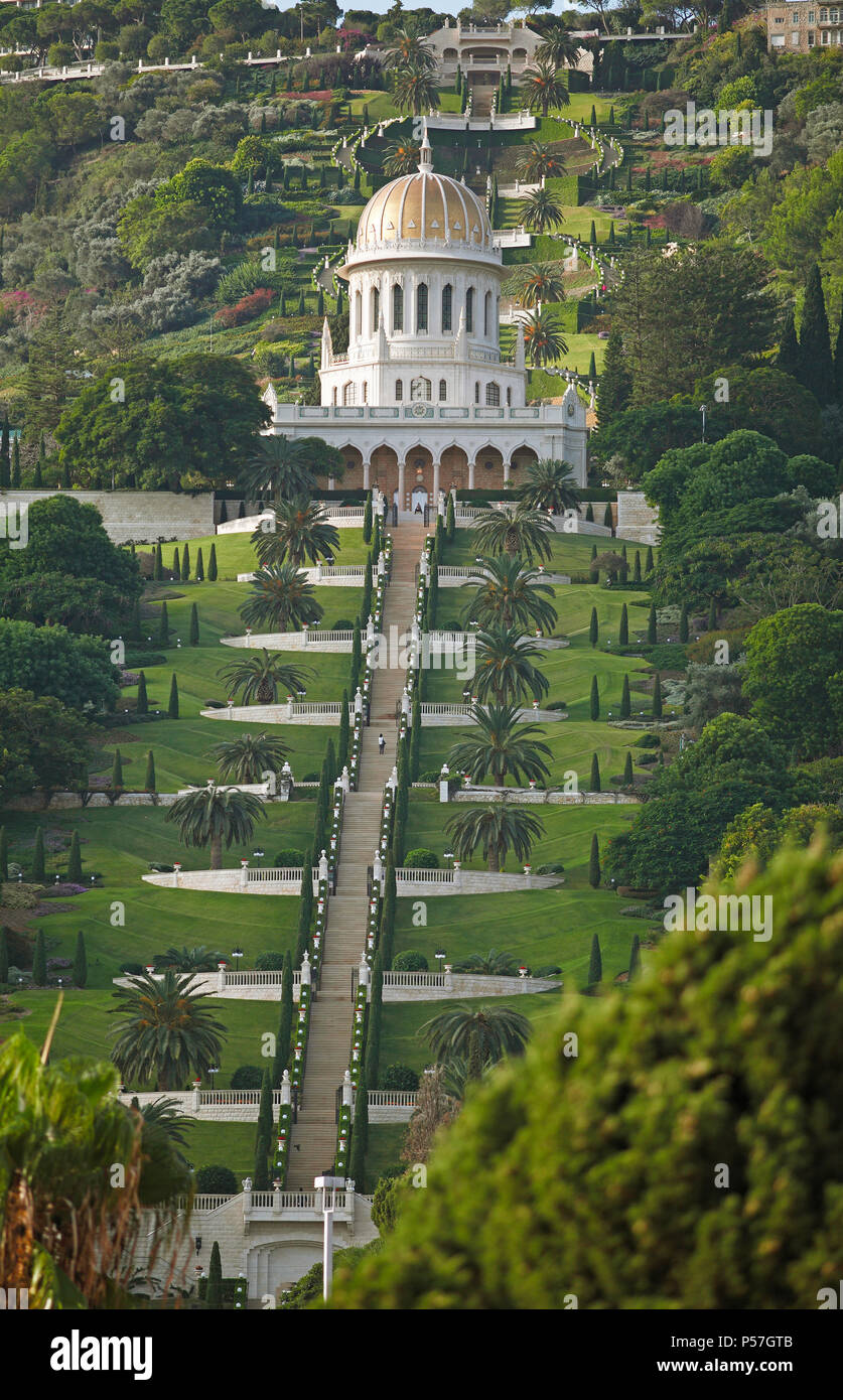 The Gardens of the Bahai on Mount Carmel and Shrine of Bab Tomb with Dome, Haifa, Israel Stock Photo