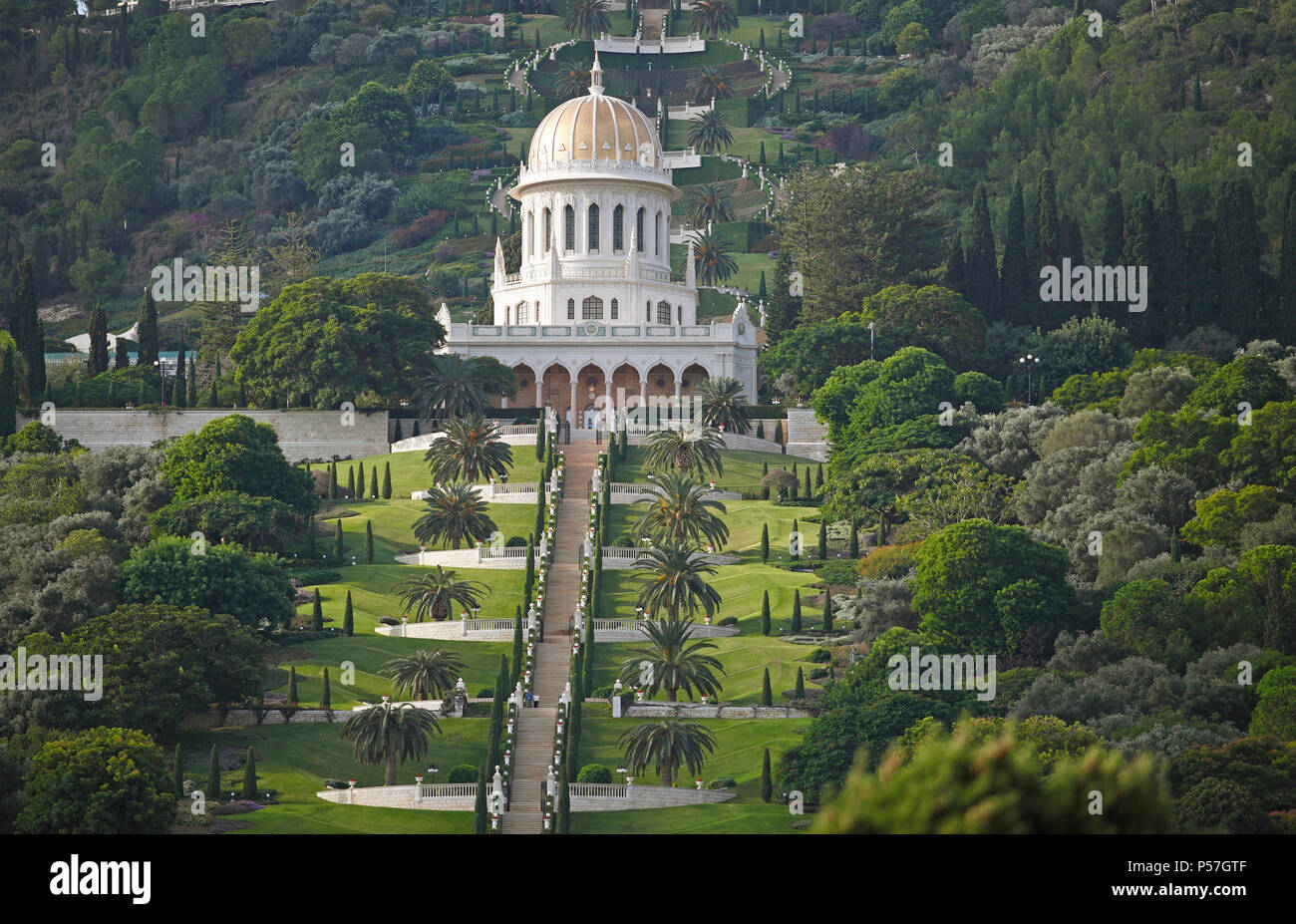 The Gardens of the Bahai on Mount Carmel and Shrine of Bab Tomb with Dome, Haifa, Israel Stock Photo