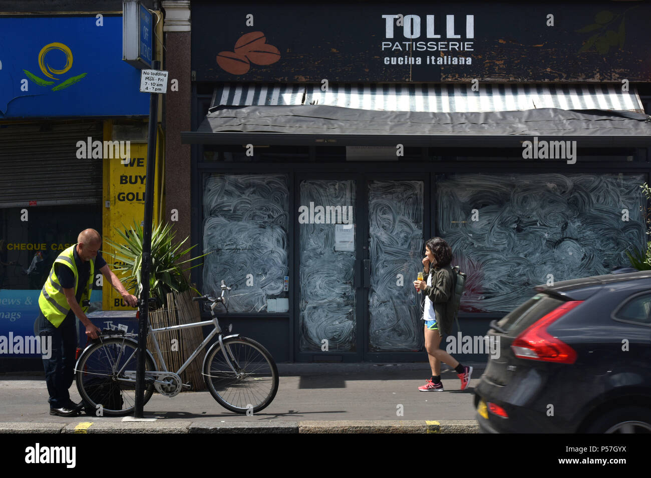 A closed independent patisserie shop located on Kentish Town Road, North London, where shops are closing as the high street goes into decline. Stock Photo