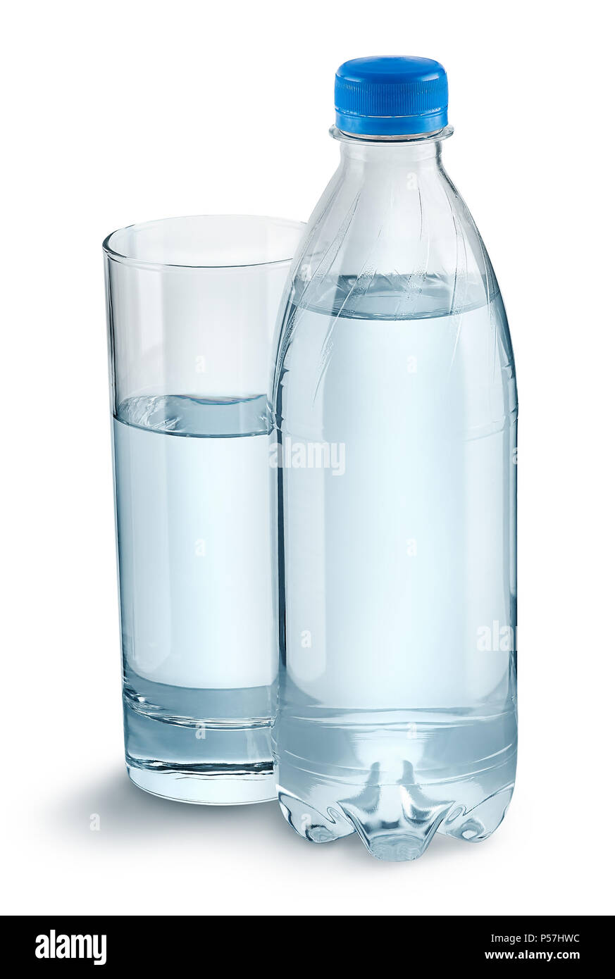 Glass with water and a plastic bottle Stock Photo