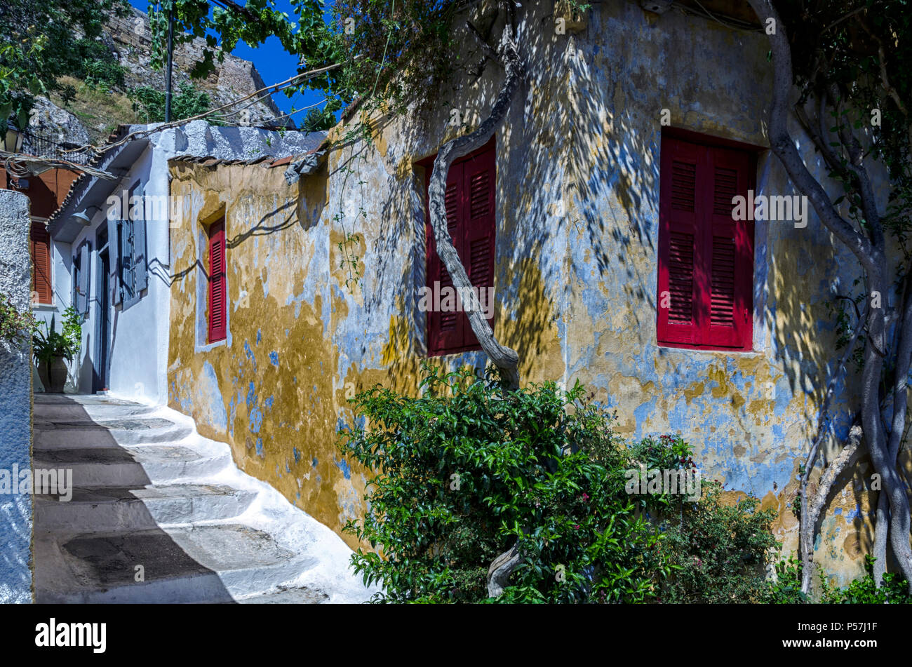 Plaka, Athens / Greece. Old traditional colorful houses in Anafiotika