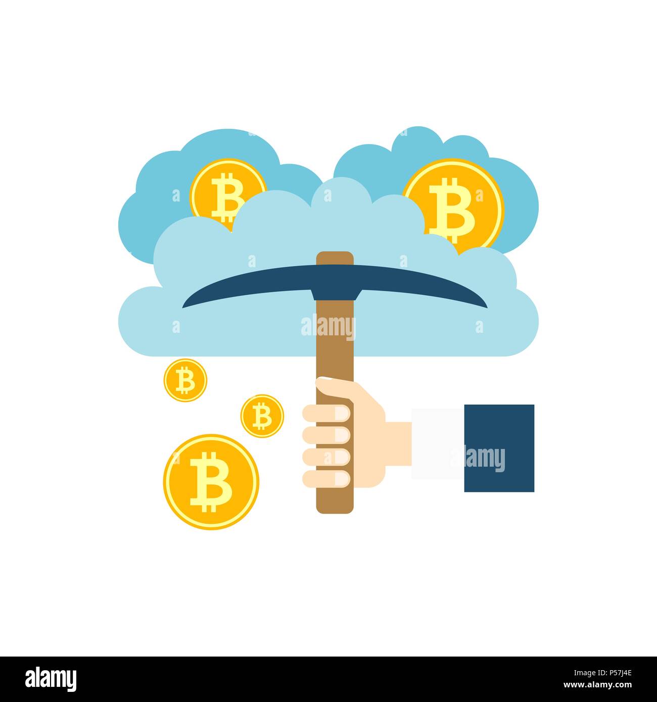 Cloud Mining Concept, Clouds, Bitcoin, Pickaxe Flat Vector Icon. Isolated on White Background. Trendy Flat Style. Stock Vector