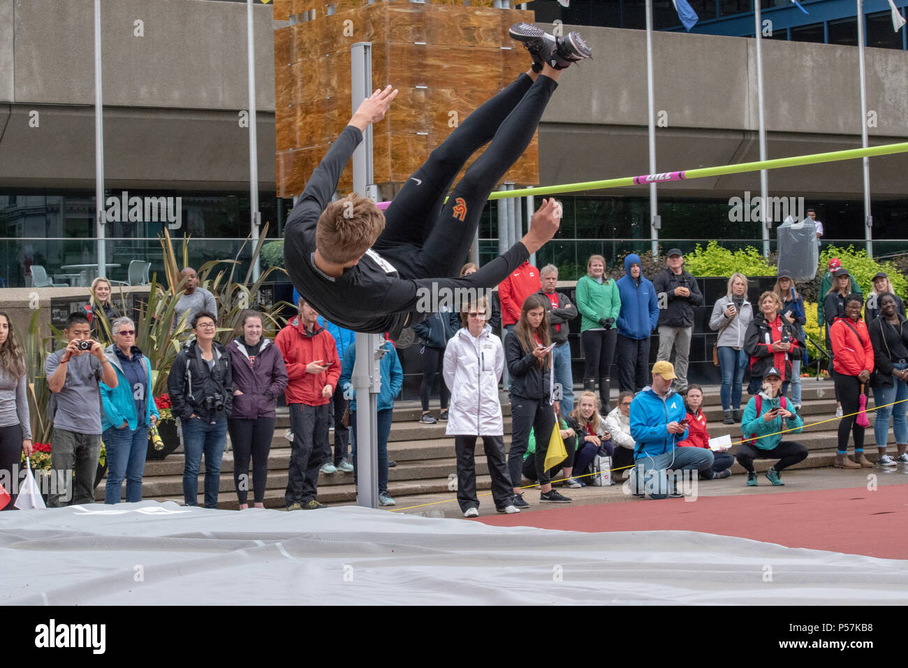 June 23, 2018; Men's High Jump at the Track Takeover, Olympic Plaza, Downtown Calgary, Alberta, Canada. Stock Photo
