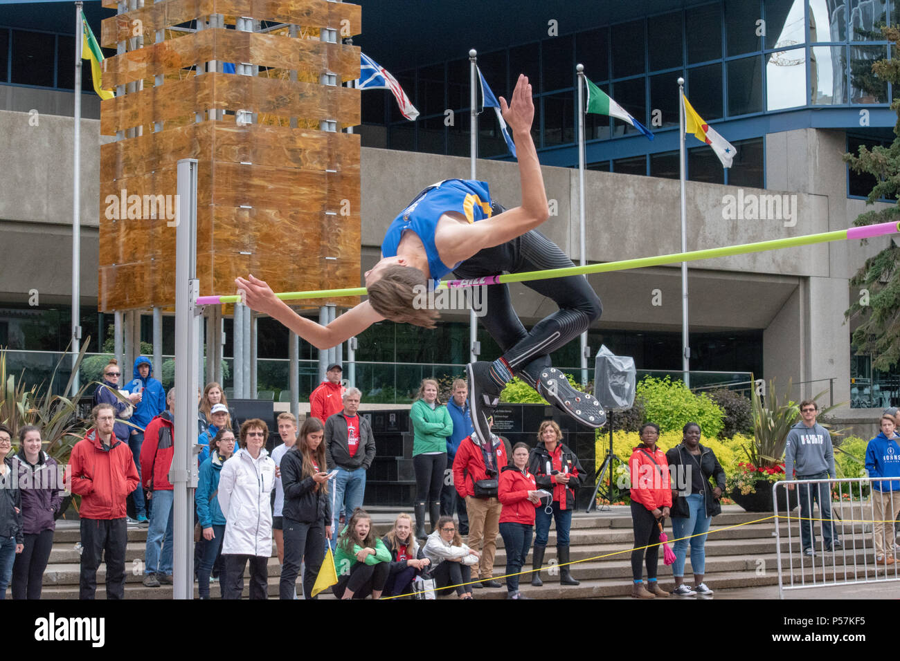 June 23, 2018; Men's High Jump at the Track Takeover, Olympic Plaza, Downtown Calgary, Alberta, Canada. Stock Photo