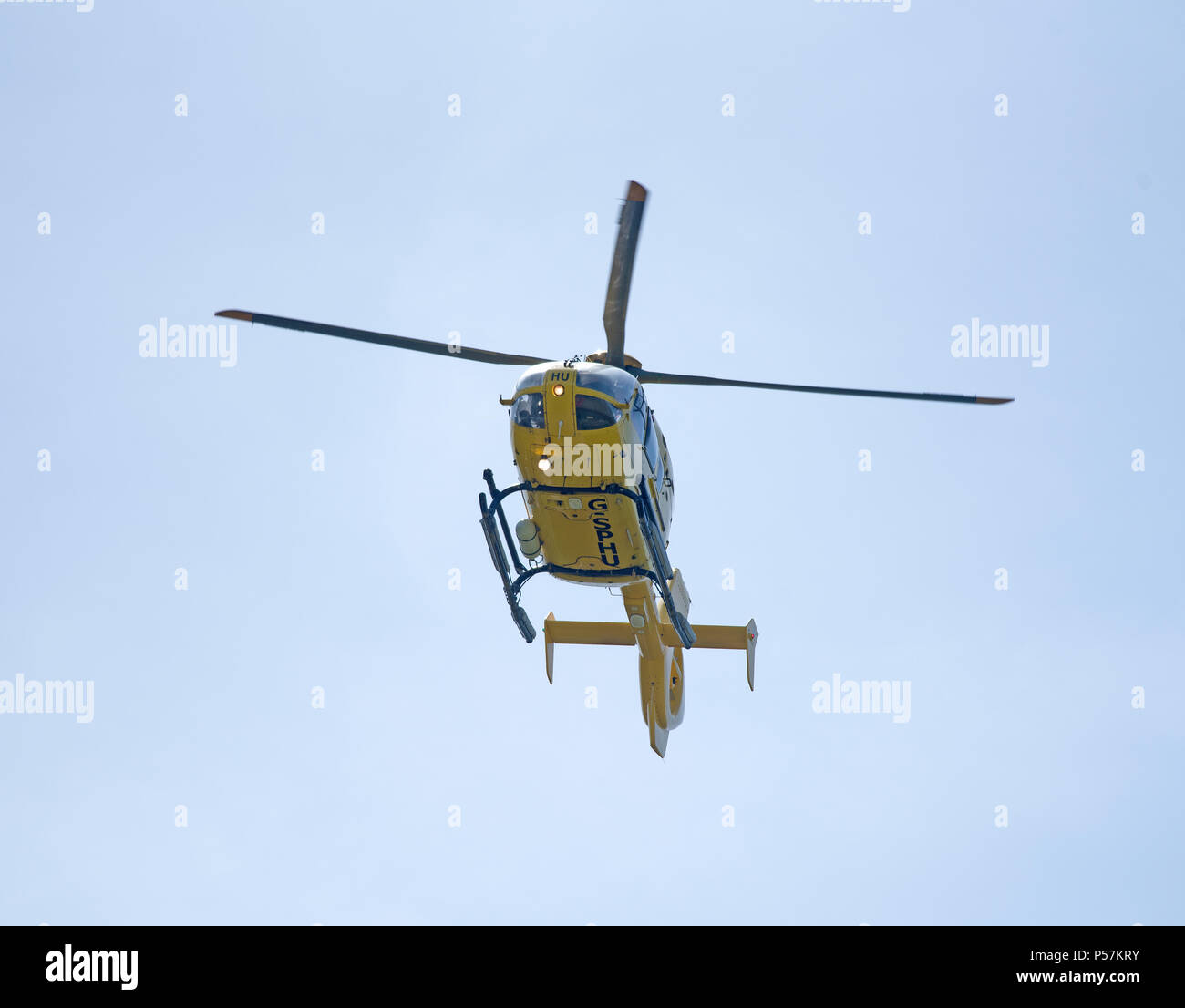 Inverness Based Helimed EC145 T2 returning to based at Inverness Dalcross Airport, in the Scottish Highlands. Stock Photo