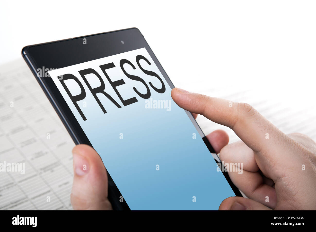 human hand pushing on a touch screen Stock Photo