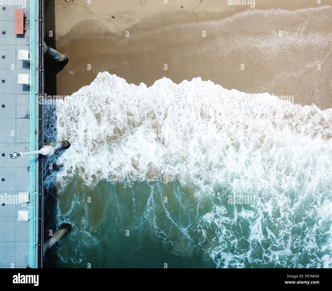 Aerial Drone view of the Manhattan Beach Pier looking down Stock Photo ...