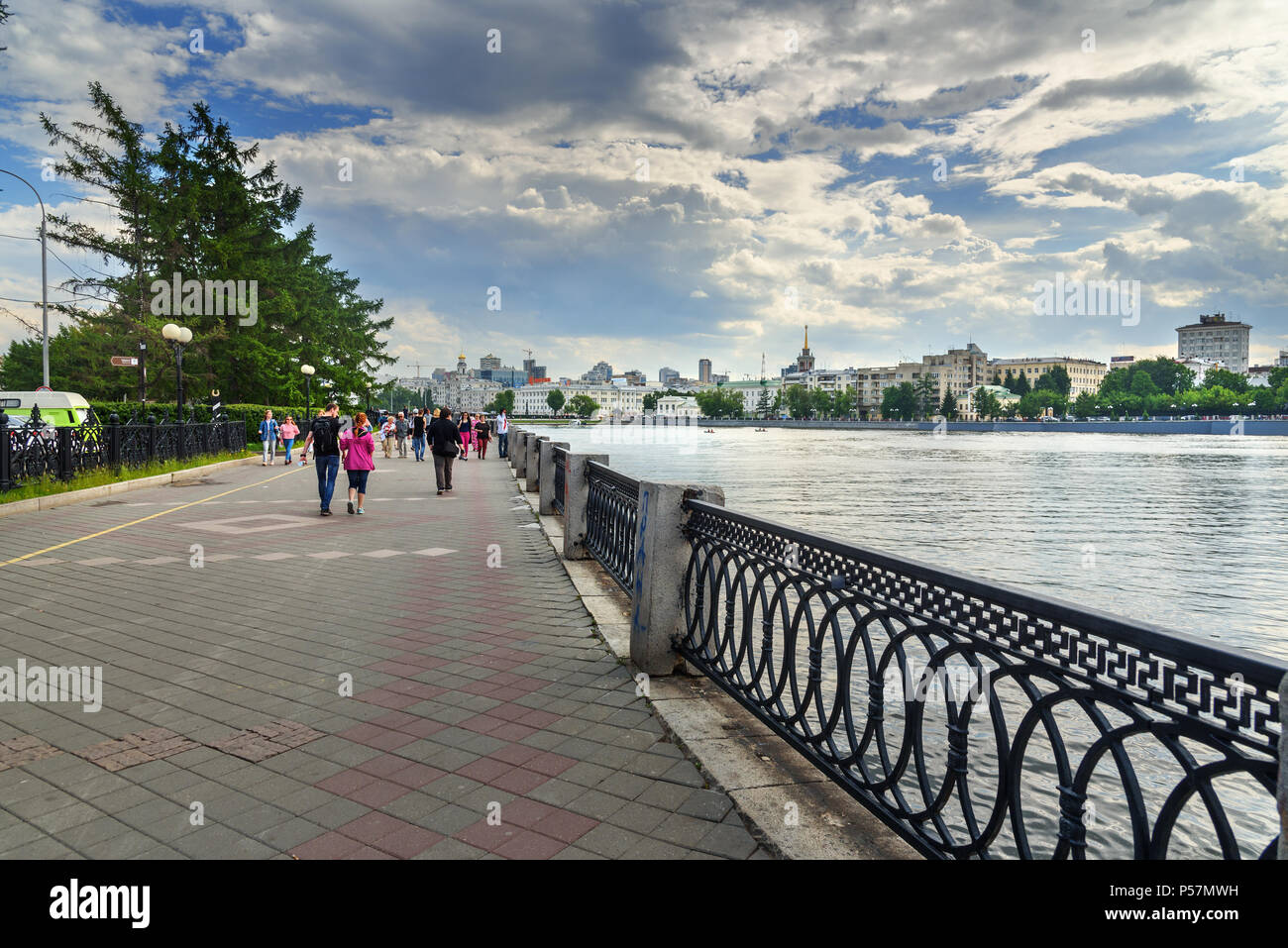 Yekaterinburg, Russia - June 21, 2018: View of embankment on Iset River in center of city Stock Photo