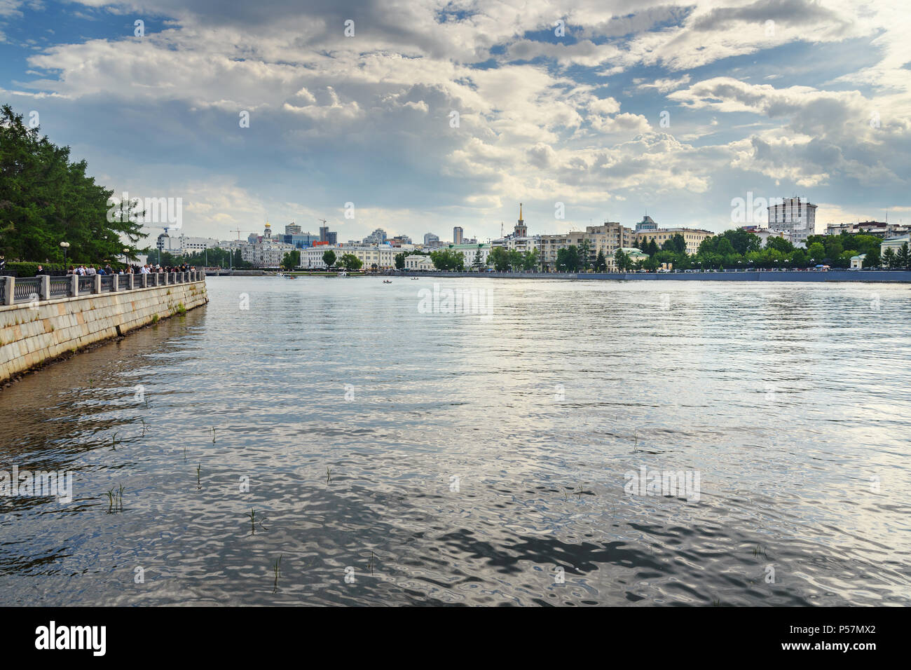Yekaterinburg, Russia - June 21, 2018: View of Yekaterinburg city center and embankment on Iset River Stock Photo