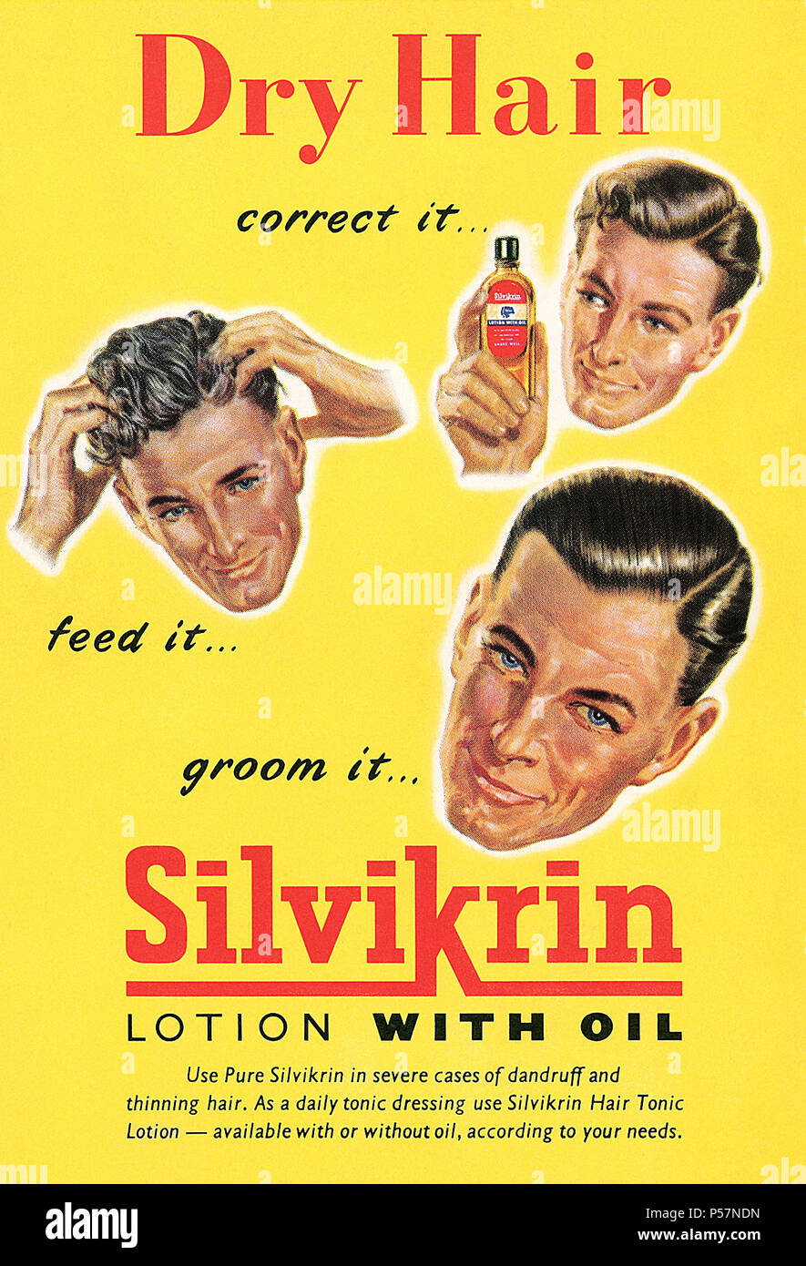 1952 British advertisement for Silvikrin hair tonic lotion. Stock Photo