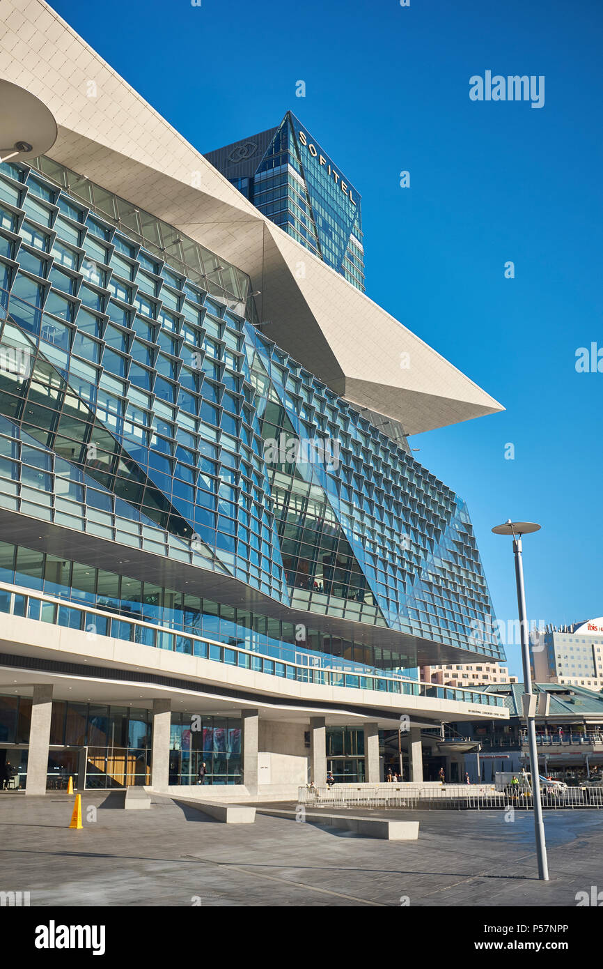 Exterior view of The International Convention Centre Sydney with the  Sofitel Hotel behind with a cloudless sky, Darling Harbour, Sydney,  Australia Stock Photo - Alamy