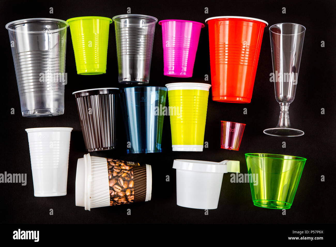 Plastic cups, many different types, shapes, colors, disposable cups, plastic waste, Stock Photo