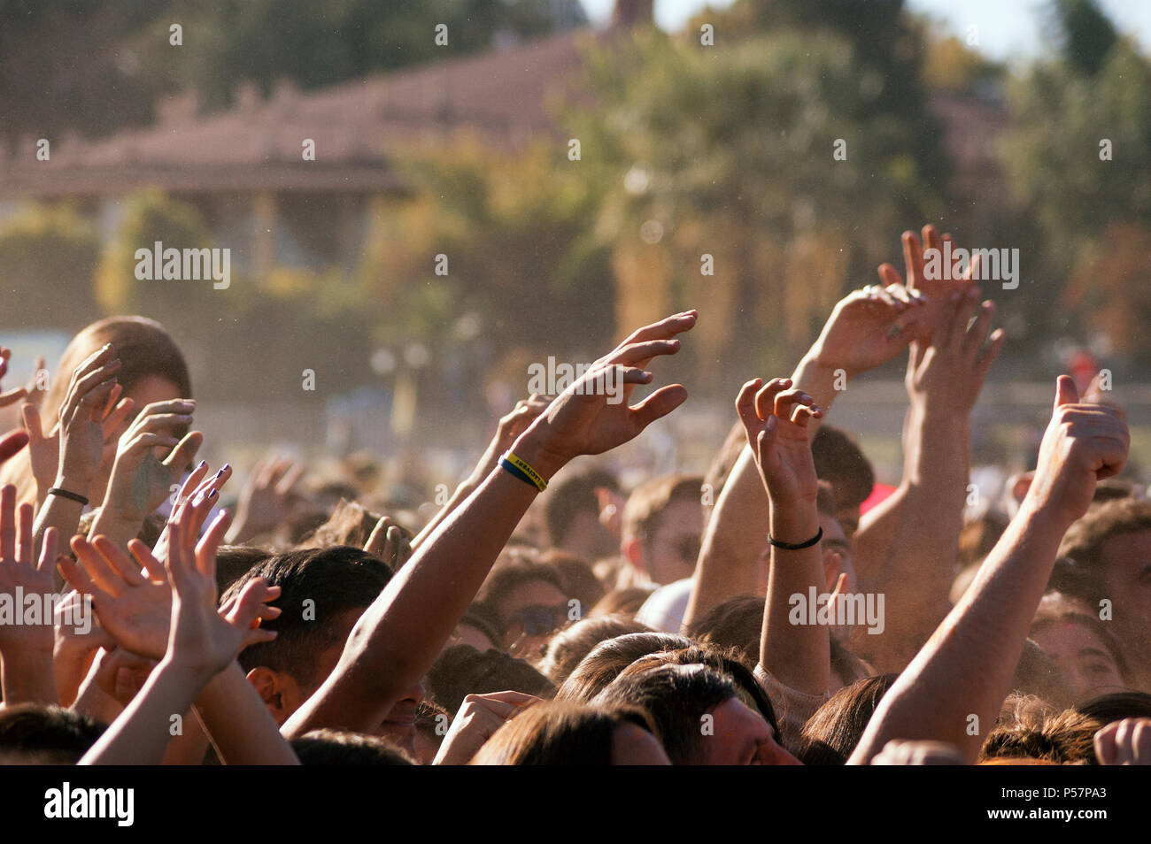 Crowded people hands up at a day time concert. Stock Photo