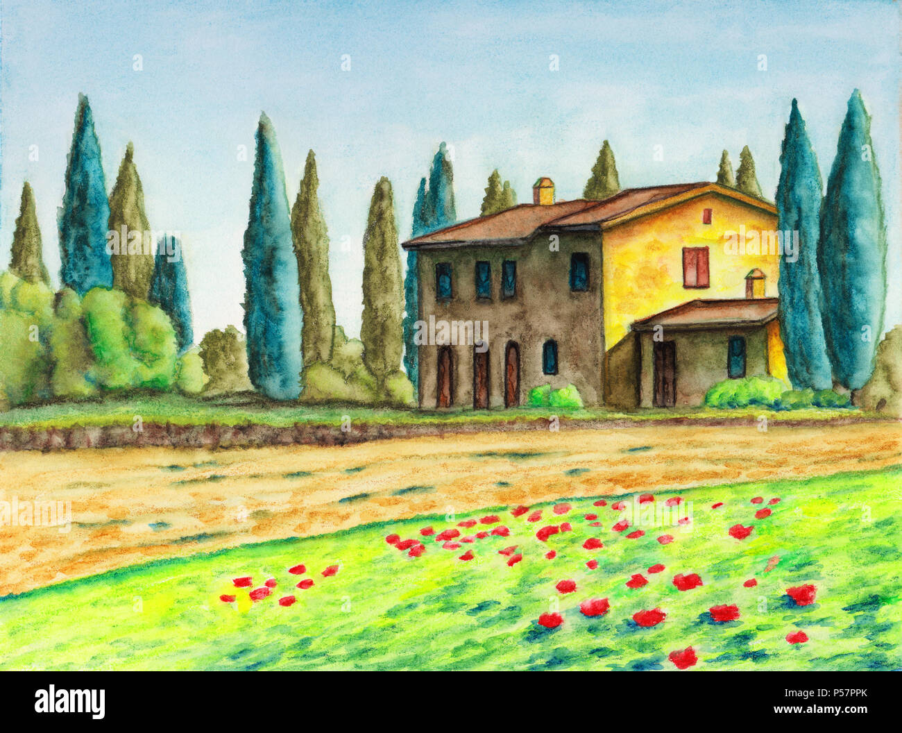 Italian Rural External Colours Rural landscape with a typical italian house. Original watercolor Stock ...