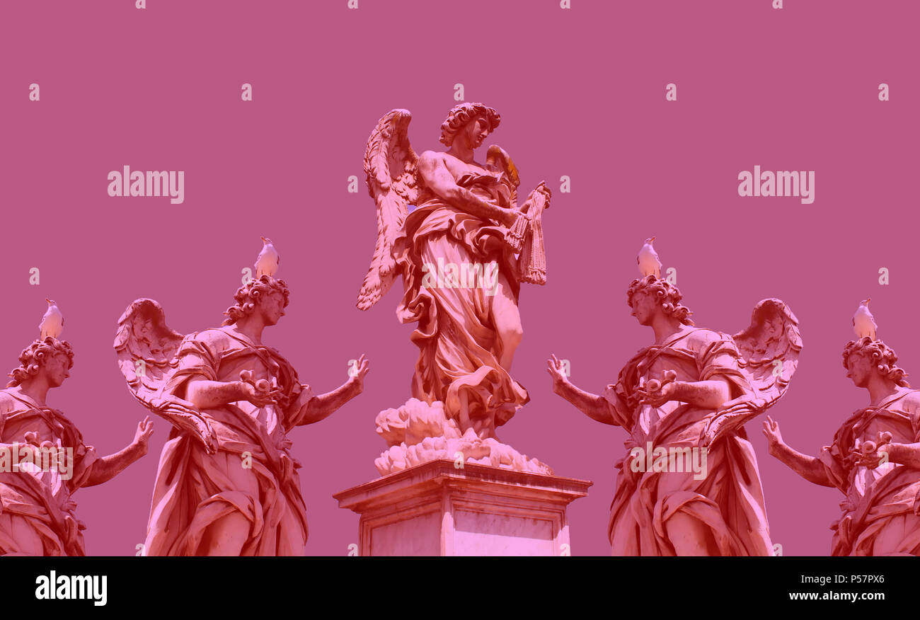 Pink / magenta color digital art made with photo collage technique with sculptures / statues used. Stock Photo