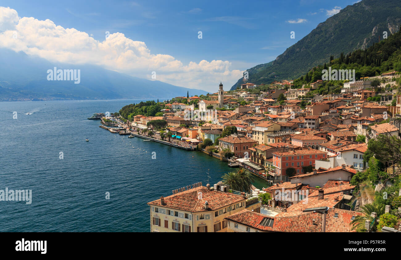 Panoramic view of small town Limone sul Garda at Lake Garda west shore on a sunny day in springtime Stock Photo