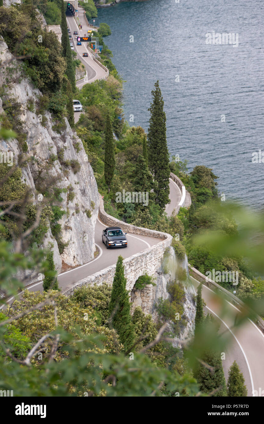 Tremosine – May 25, 2017: Gardesana Occidentale is an enchanting road along the west shore of Lake Garda in the Italian province of Lombardy Stock Photo