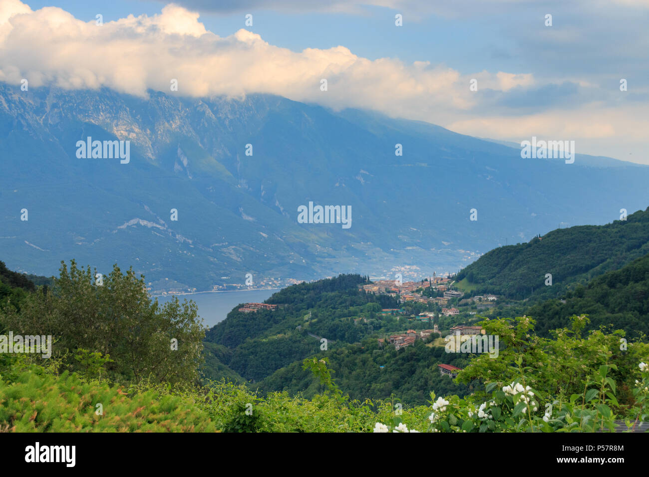 Landscape at Lake Garda with the Italian village of Pieve (Tremosine) Stock Photo