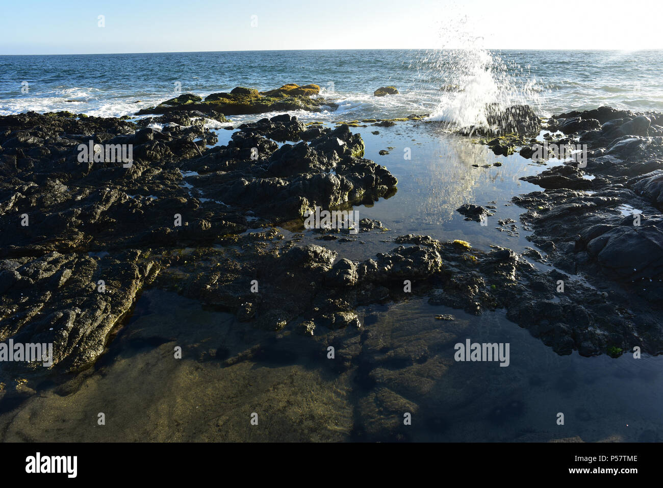 splashing wave of pacific reflected in calm tidal pool amid rocks Stock Photo