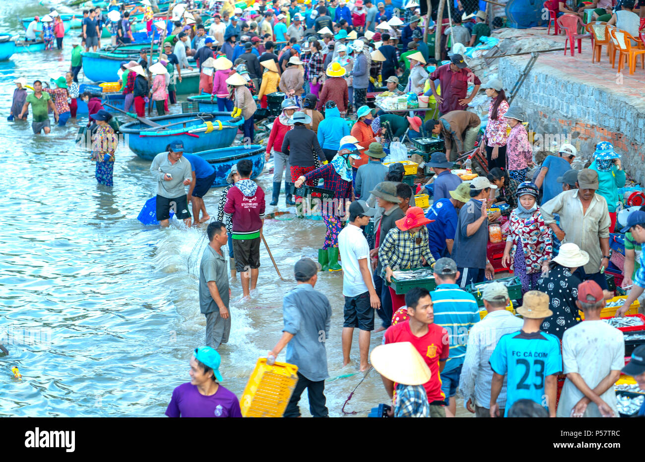 Market early fishing village when people busy buying selling fish, transport fish to markets