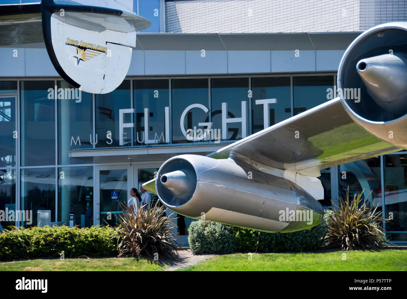 Jet engines of a Boeing B-47 Stratojet in front of the entrance to the Museum of Flight at Boeing Field, Tukwila, Washington. Stock Photo