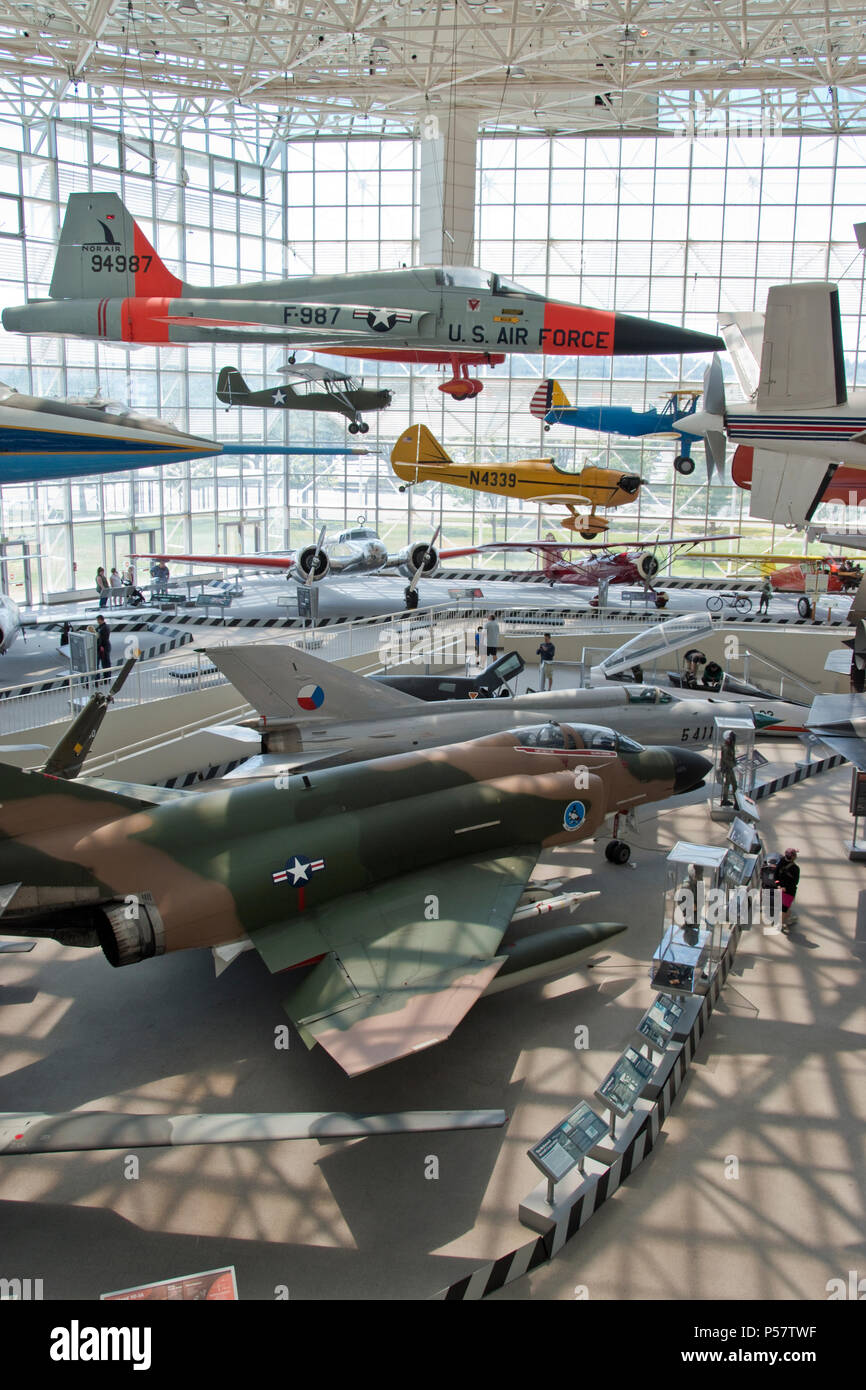A 1959 Northrup; YF5A Freedom Fighter hangs above a 1964 McDonnell F4
