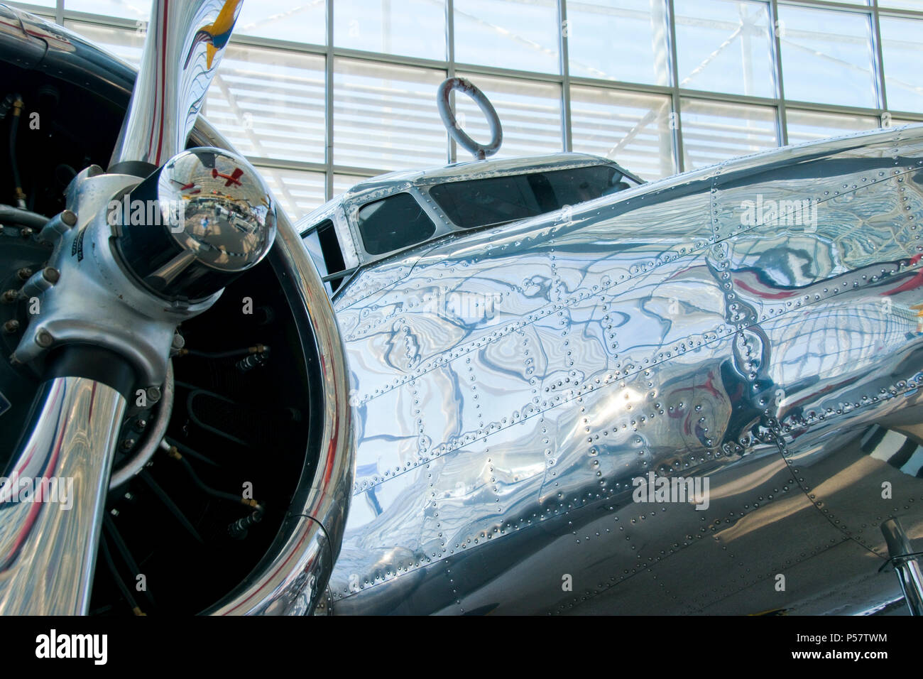 Detail of a 1935 Lockheed Model 10-E Electra, the type used by Amelia Earhart, at the Museum of Flight, Boeing Field, Washington. Stock Photo